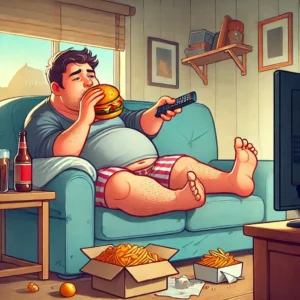 A typical lazy, fat man munching junk foods. Regular exercise results in fat loss.